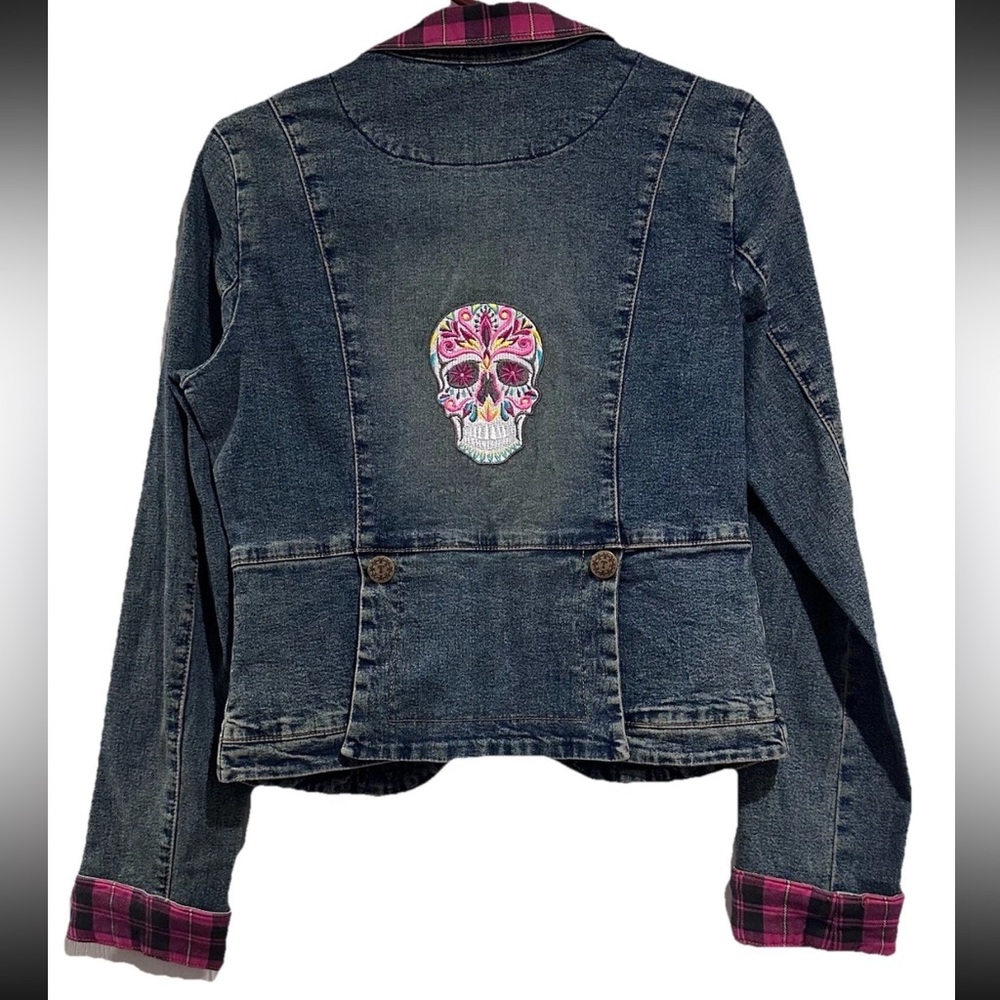 NWOT Y2K Traffic Soda Cropped Denim Blazer With Plaid Accent & Embroidered Back - Picture 3 of 11